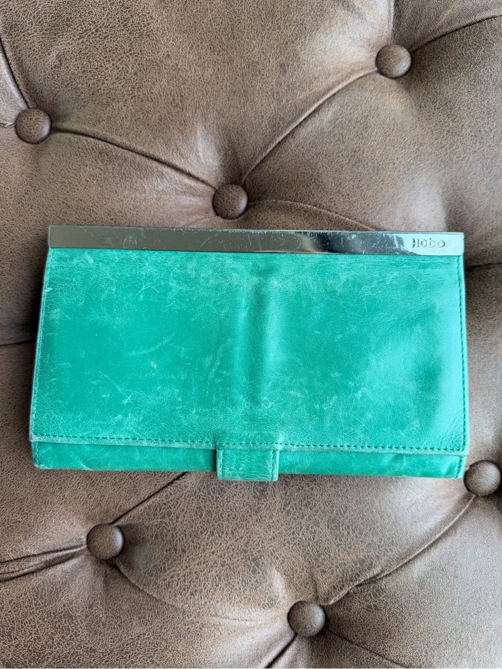 HOBO Teal Leather Clutch with Silver Trim
